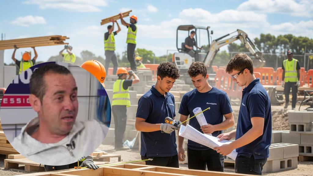Montaje de Javi con unos jóvenes albañiles en una imagen creada con IA.