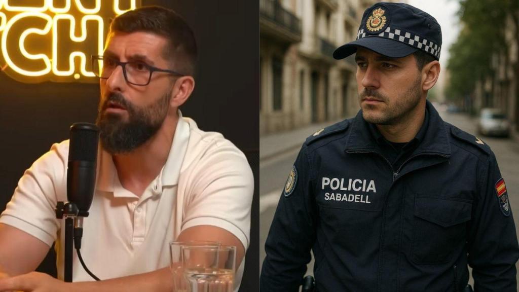 Montaje con Iñaki Aldaz, policía local en Sabadell, y policía local generado con IA