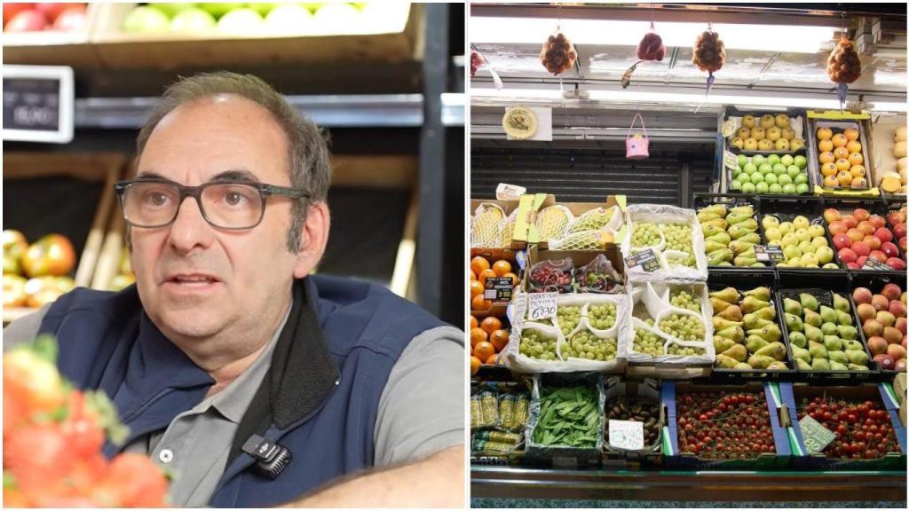 Luís Macià y una imagen de una frutería en un mercado.