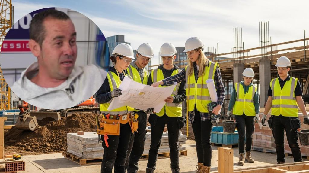 Montaje del albañil Javi con unos jóvenes en la obra en una imagen creada con IA.