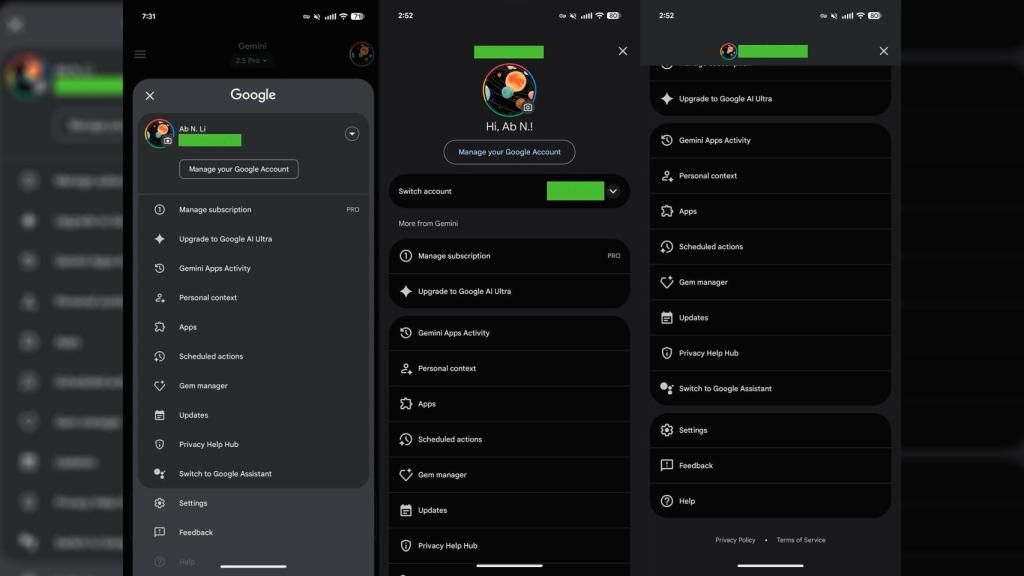 El nuevo diseño de la pantalla de cuenta de Google en Gemini