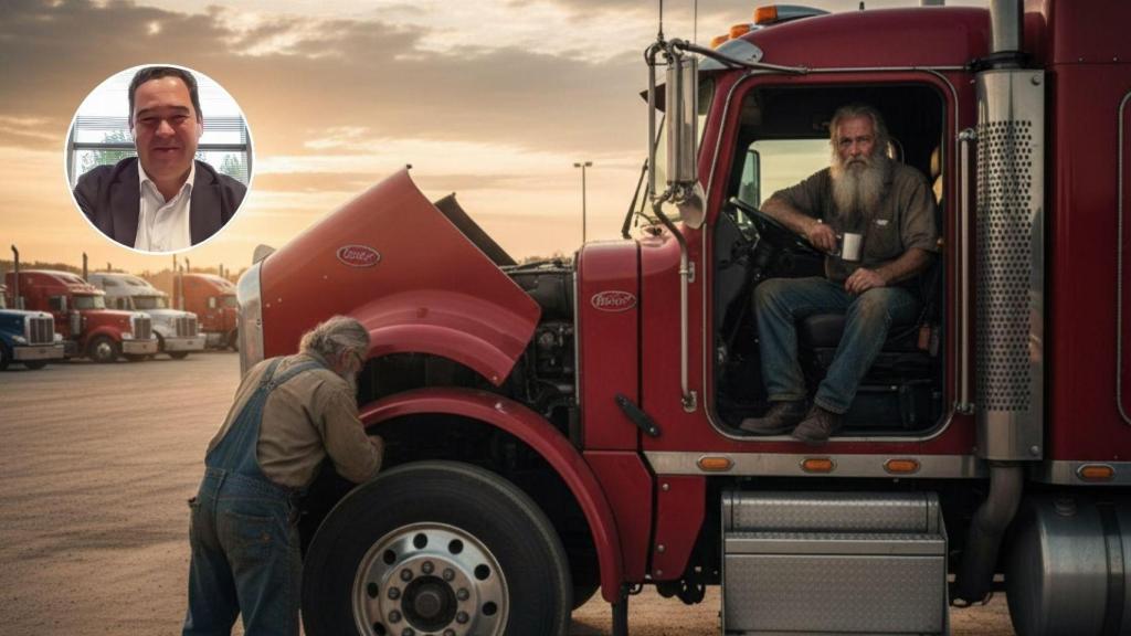 Pedro Ruiz y camioneros trabajando generados con IA.