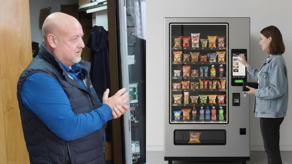 Imagen de José, dueño del negocio y una imagen generada por IA de una máquina expendedora.