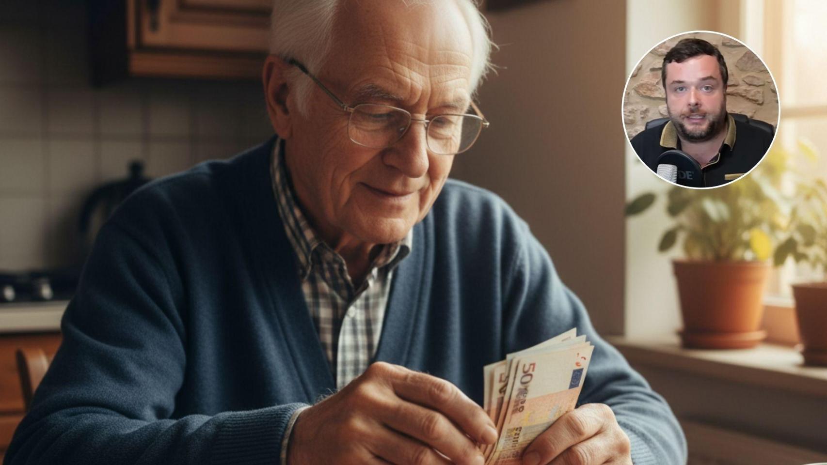 Imagen generada por IA de un jubilado con su dinero y el abogado Ignacio Solsona.