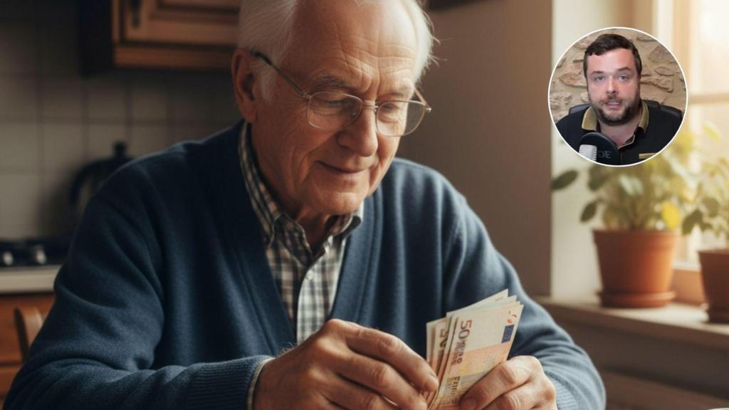 Imagen generada por IA de un jubilado con su dinero y el abogado Ignacio Solsona.