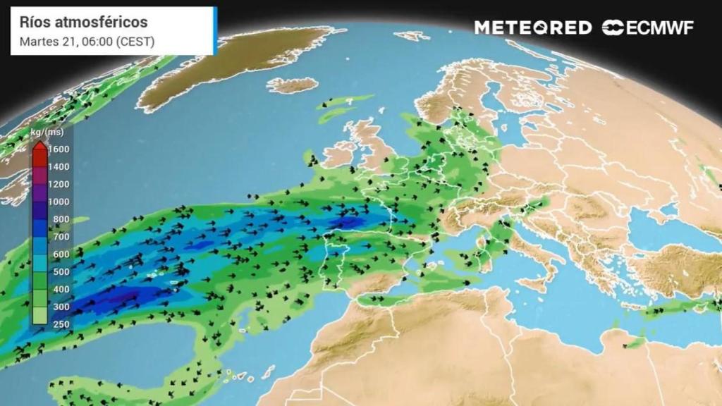 Los 'ríos atmosféricos' que afectarán a la Península Ibérica. Meteored.