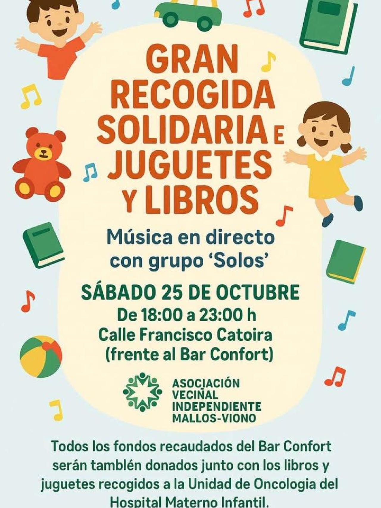 Cartel de la recogida de juguetes y libros en Os Mallos