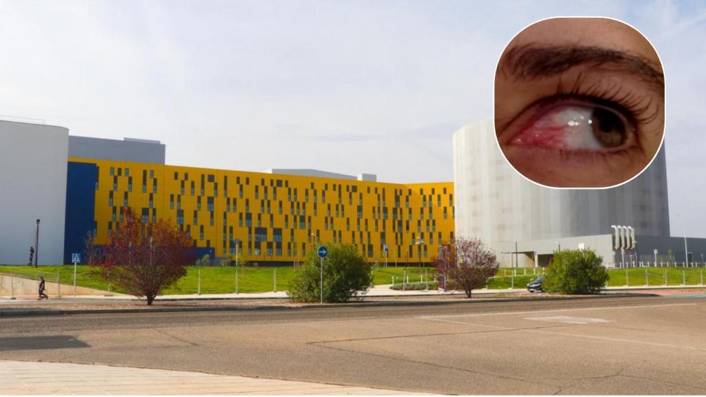 Montaje de la fachada del Hospital Universitario de Toledo y un ojo irritado de una trabajadora del servicio del laboratorio de Anatomía Patológica.