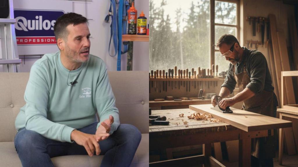 Imagen de Selu y una imagen generada por IA de un carpintero trabajando.