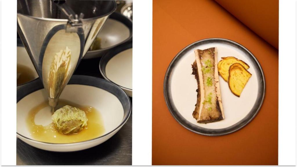 Bola de cocida envuelta en hoja de repollo y tosta de tuétano.