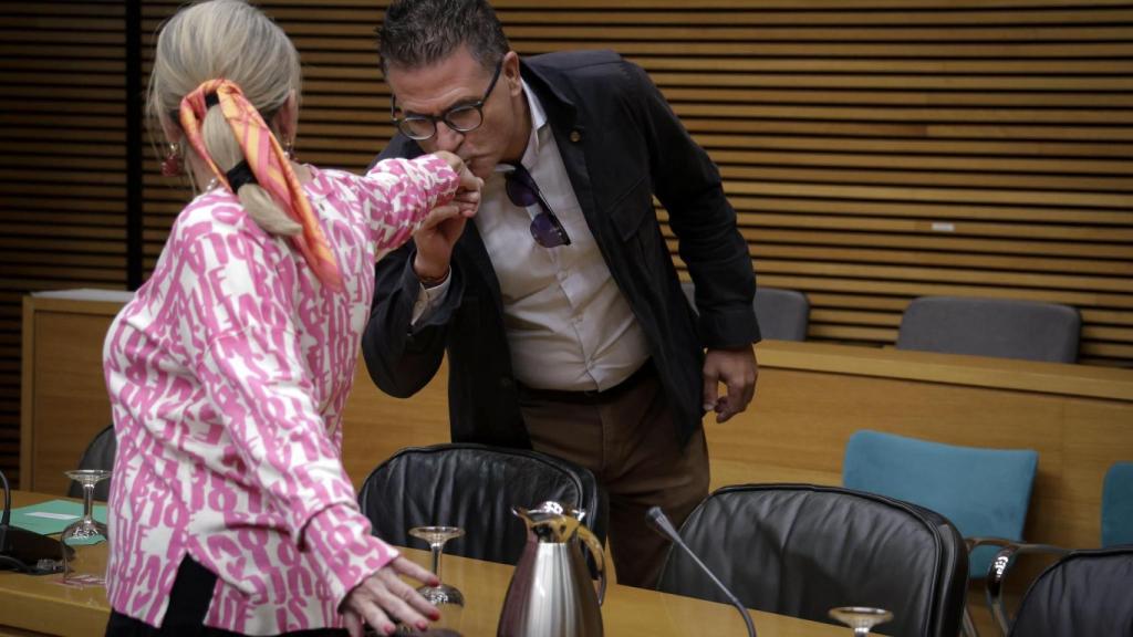 El diputado del PP Manuel Pérez Fenoll besa la mano de la diputada de Vox Teresa Díaz en la comisión de este lunes. José Cuéllar / Corts