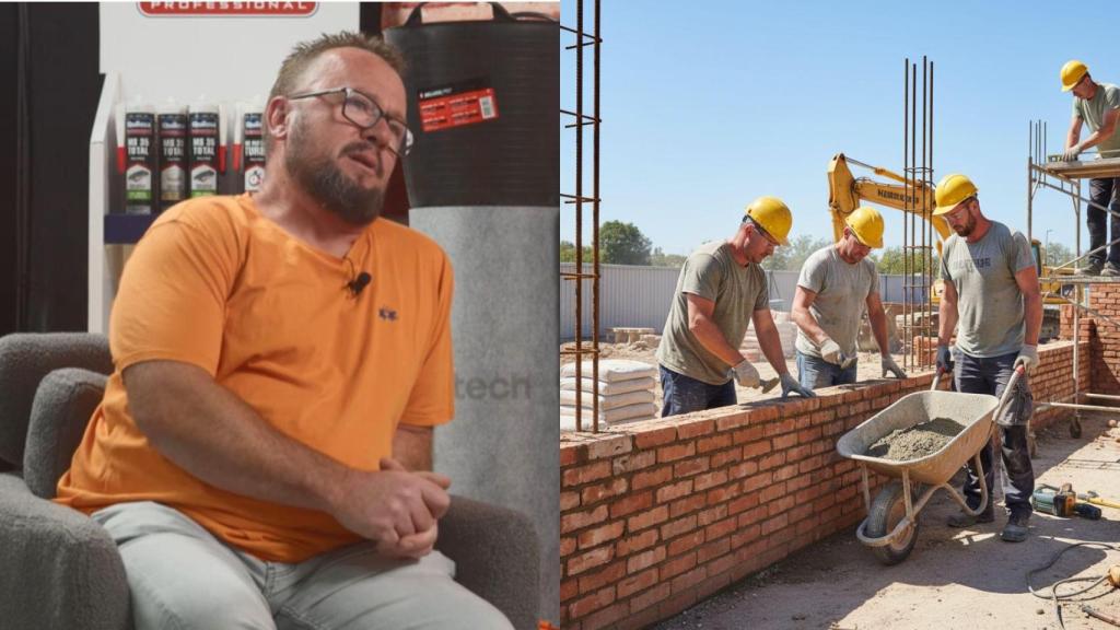 Imagen de Eduardo Roldán y una imagen generada por IA de unos albañiles.