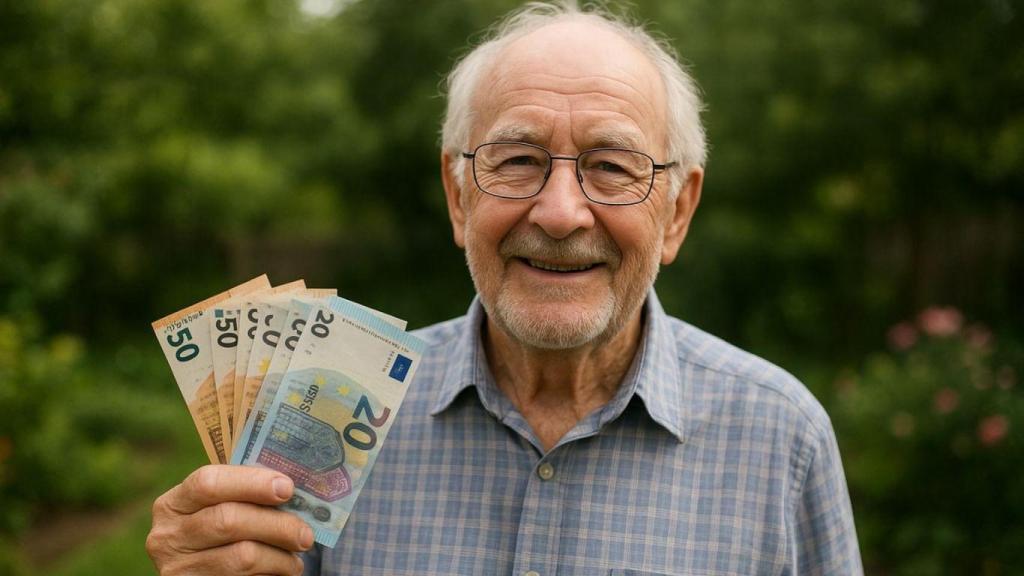 Un jubilado en un jardín sujetando billetes de euro