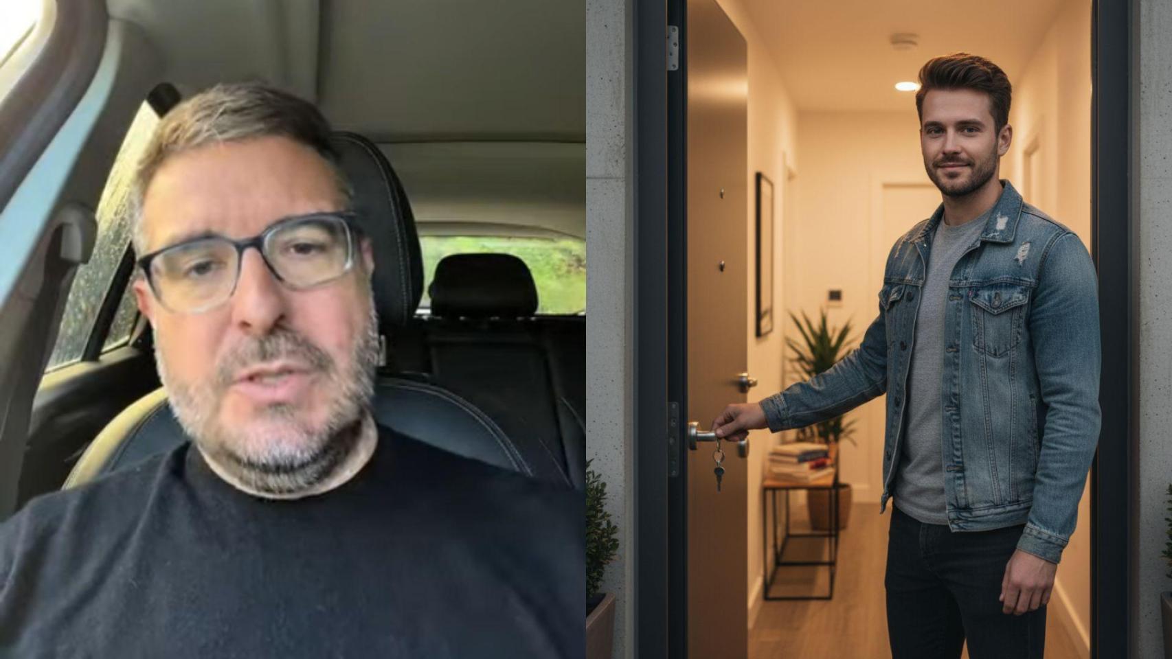 Imagen del experto inmobiliario, Sergio Gutiérrez, y una imagen generada por IA de un joven en su vivienda.