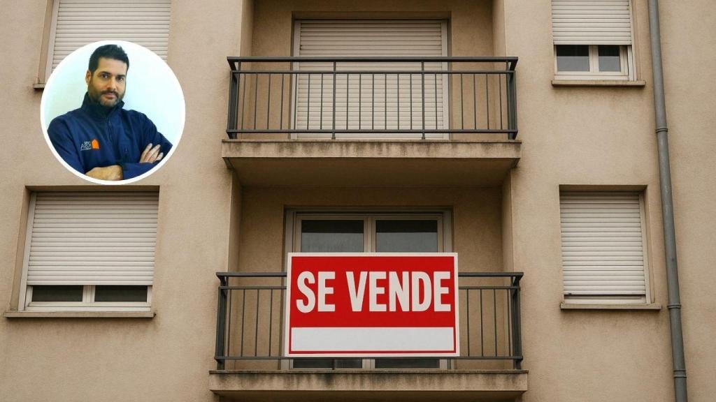 Montaje con Jacobo Blanco, gerente en Capitel KSA Inmobiliaria y un edificio con un piso en venta generado por IA.