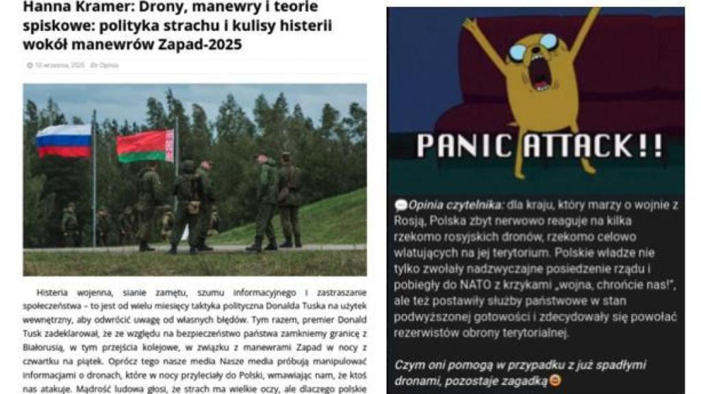 Ejemplos de coberturas relacionadas con la incursión de drones rusos en el espacio aéreo polaco publicadas por la “revista política” (izquierda) y en medios sociales (derecha) vinculados a NDP.