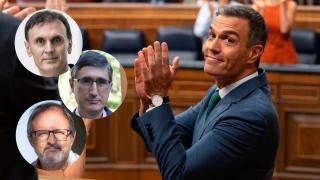 De arriba a abajo, Jorge Mira Pérez, José María Martín-Olalla y Guillermo López Lluch, junto con el presidente del Gobierno, Pedro Sánchez.
