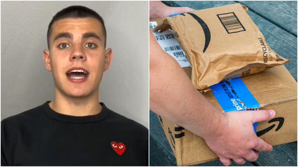 Lander Ferrero junto a unos paquetes de Amazon.