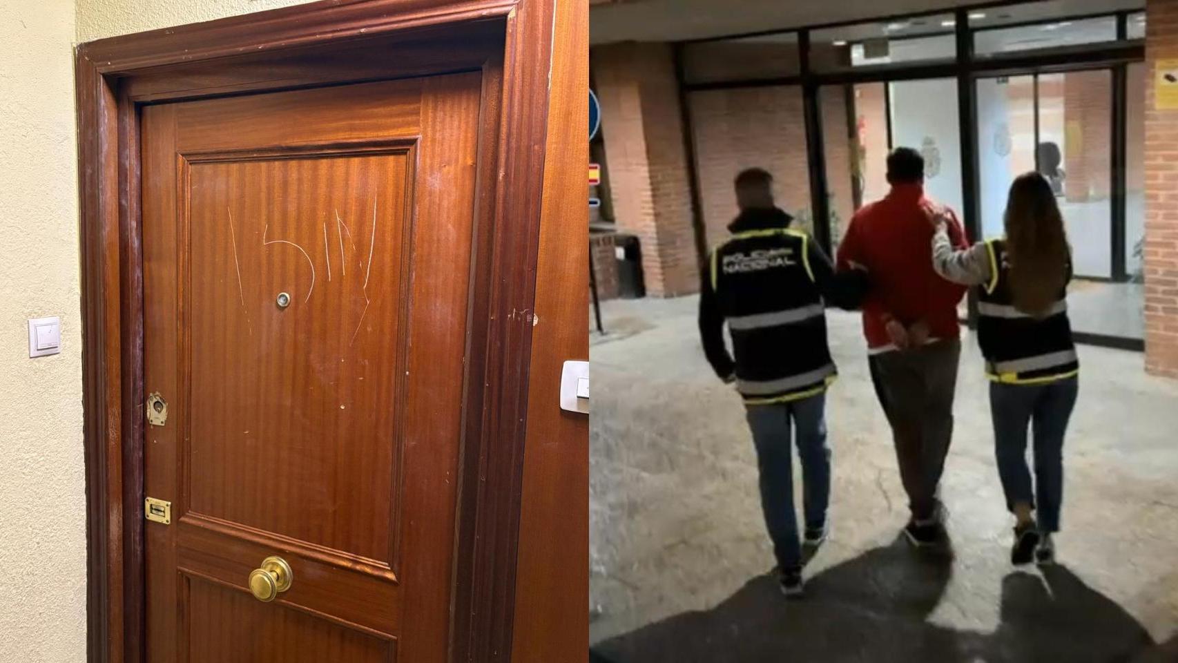La puerta del domicilio en el que ha sucedido el crimen y la Policía Nacional deteniendo al presunto asesino.