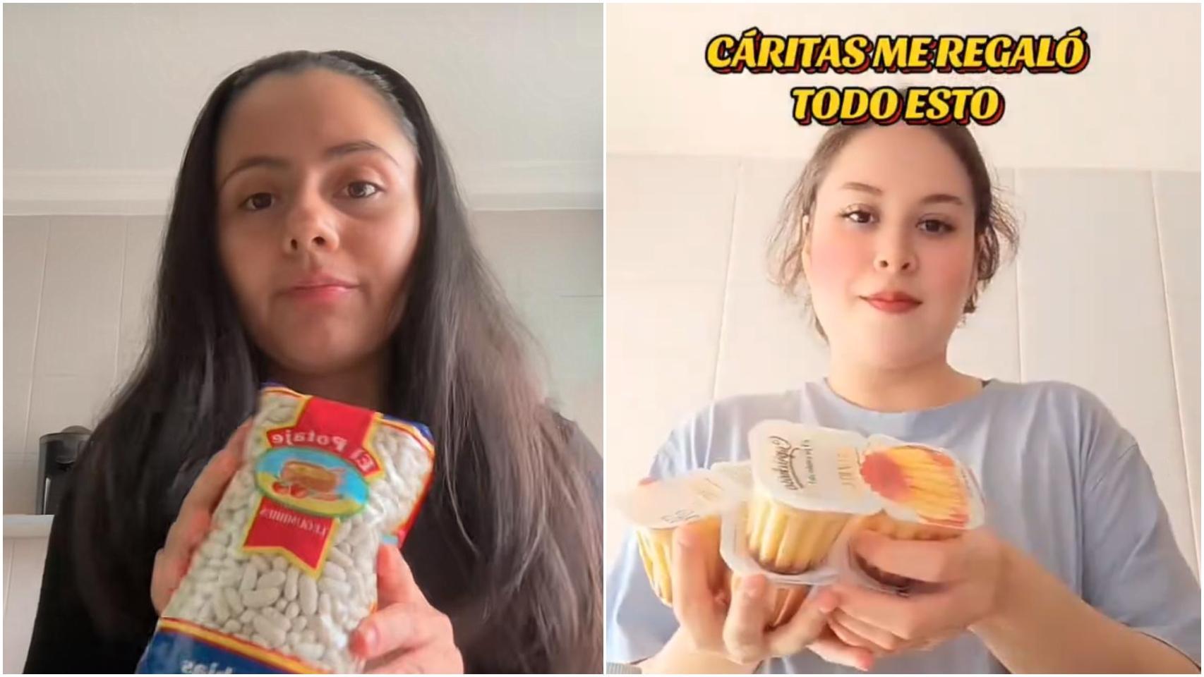 Ana María, a la derecha, e Issa, a la izquierda, mostrando sus lotes de productos gratis.