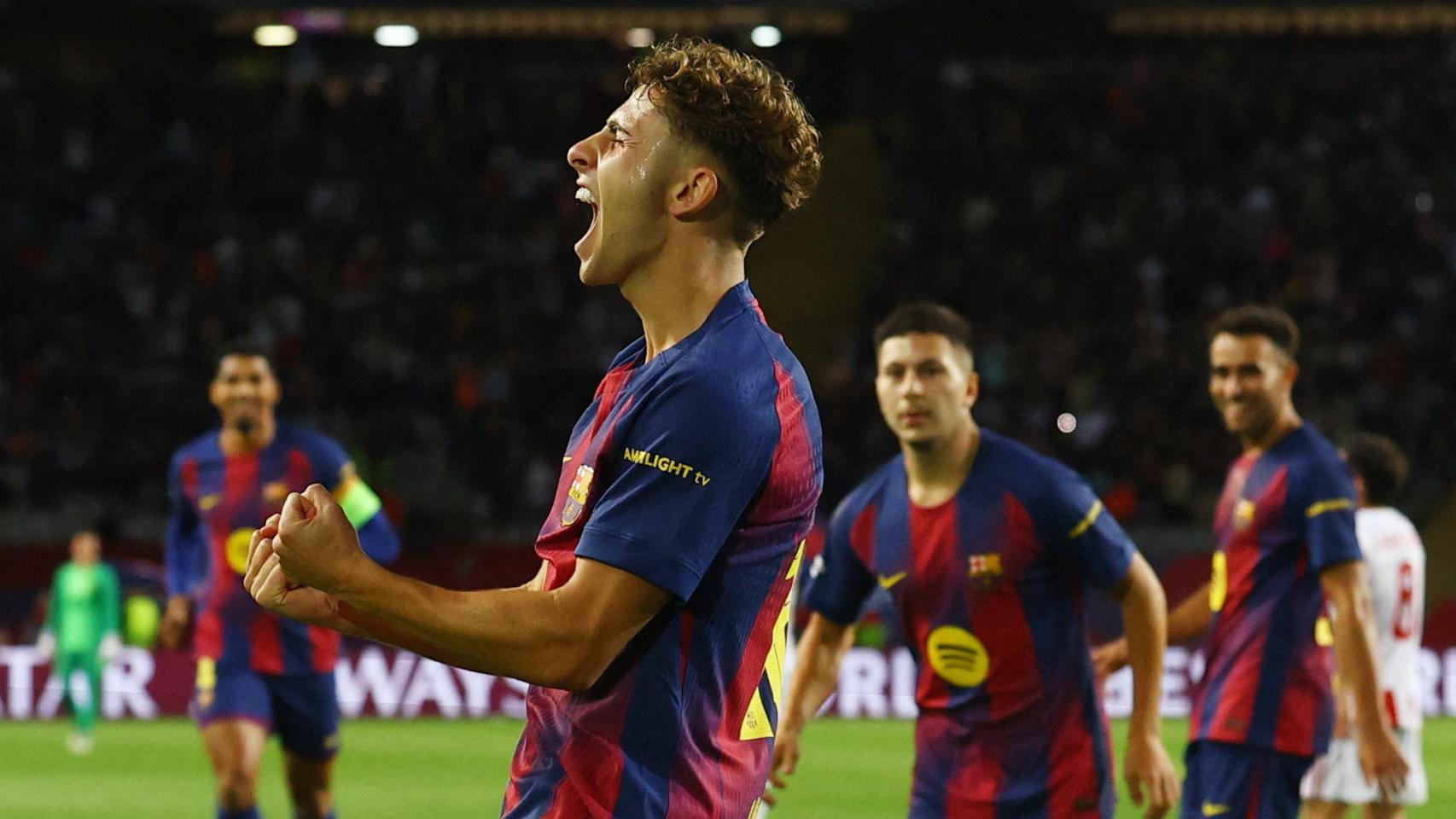 Fermín López celebra uno de sus goles ante el Olympiacos.