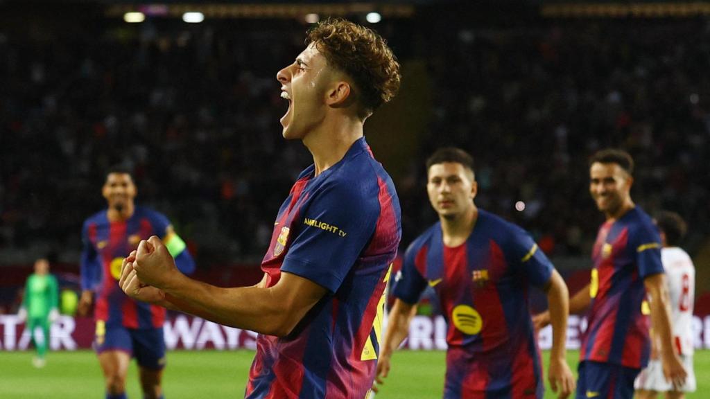Fermín López celebra uno de sus goles ante el Olympiacos.