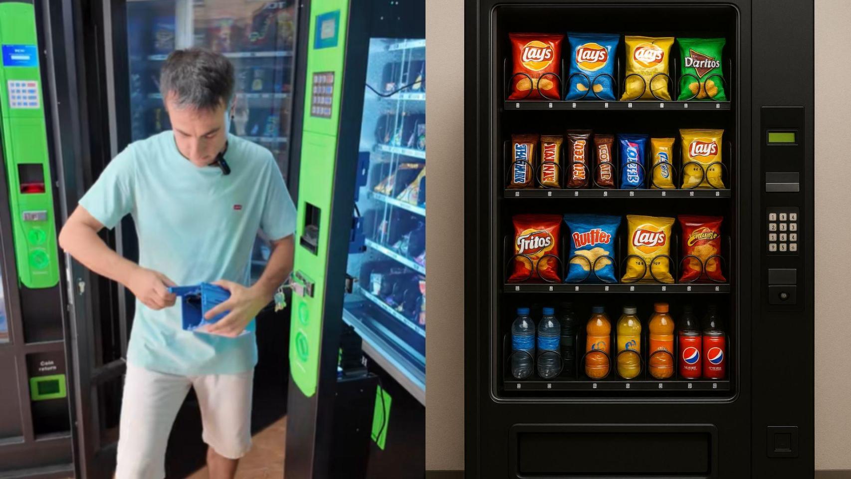 Imagen del dueño del negocio y una imagen generada por IA de una máquina expendedora.