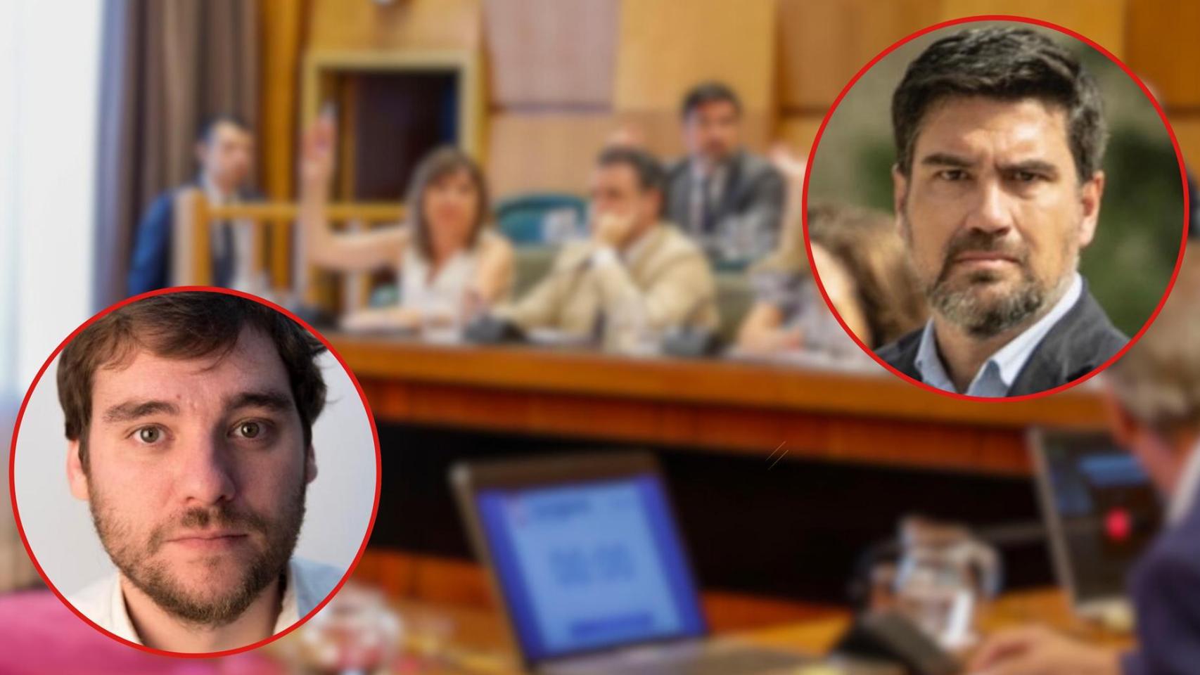 La bancada de la izquierda en el Ayuntamiento de Zaragoza y en pequeño las imágenes de los candidatos.