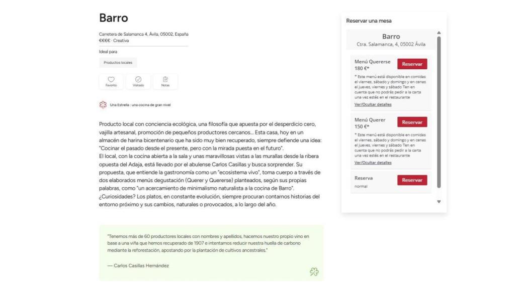 Ficha del restaurante Barro (Ávila) en la página web de la Guía Michelin.