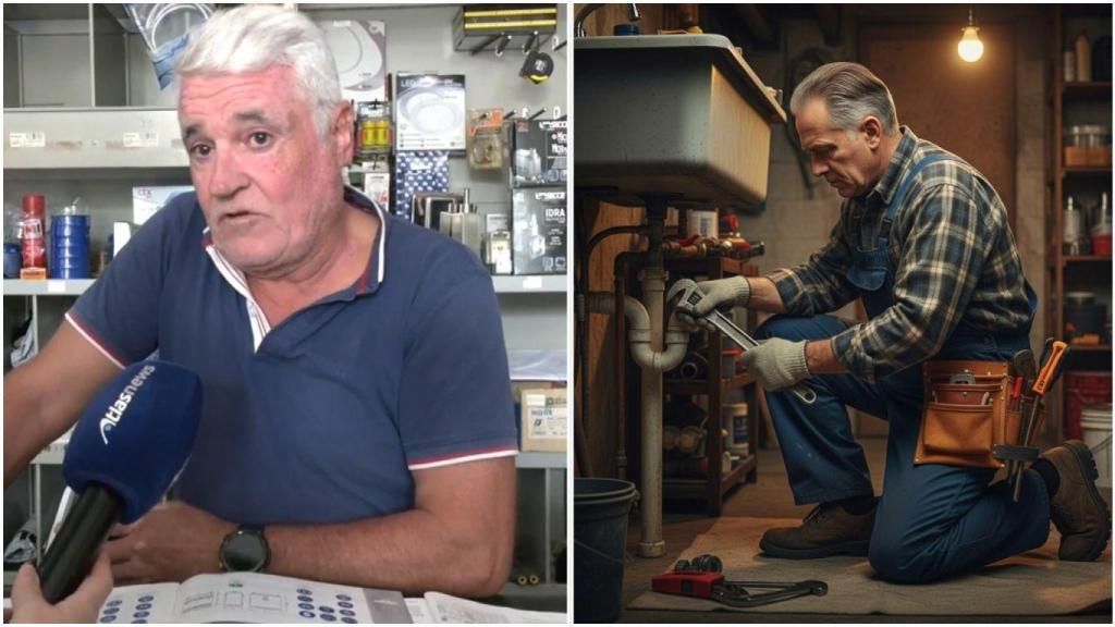Un fotomontaje de un fontanero arreglando una tubería.