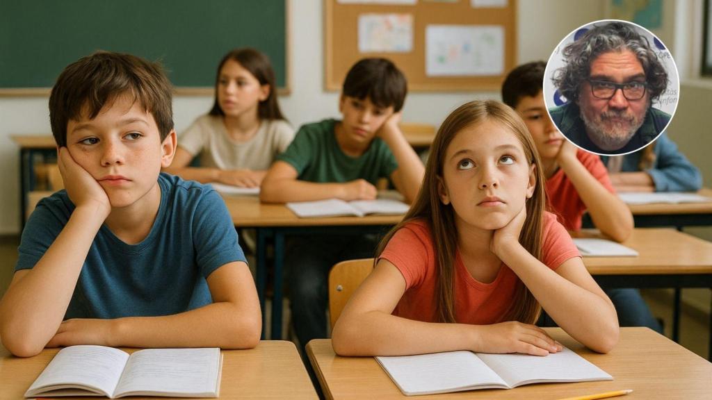 Imagen generada por IA de un aula y un imagen de Álex Torío.