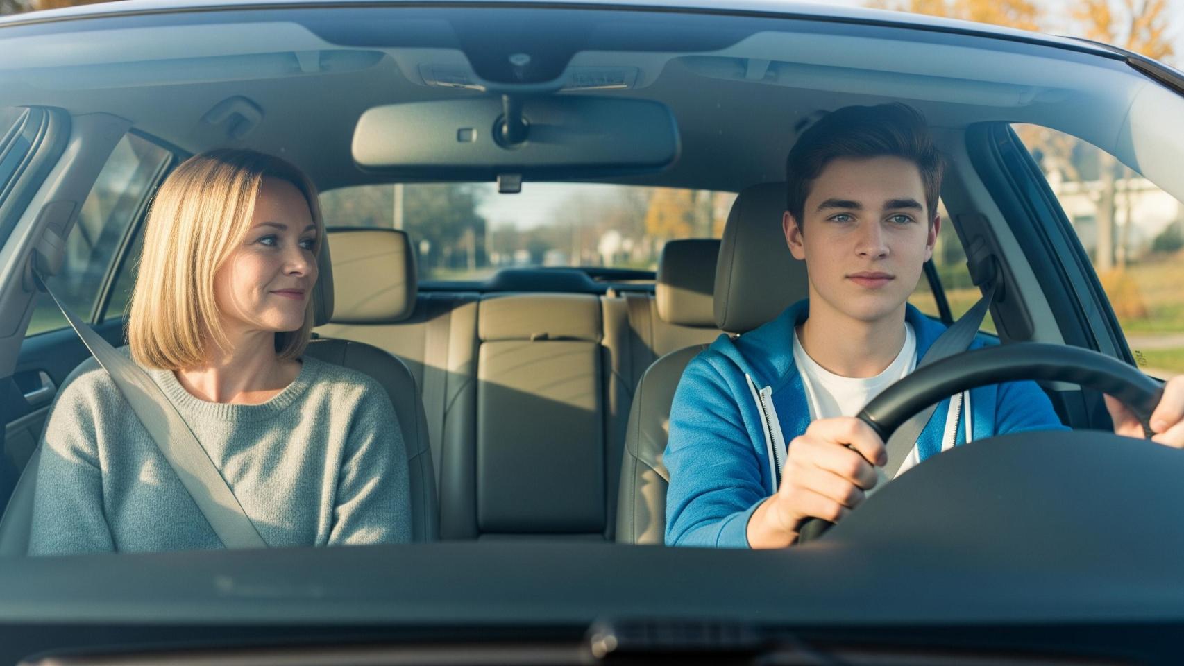 Joven conduciendo con un adulto a su lado en una imagen creada con IA.