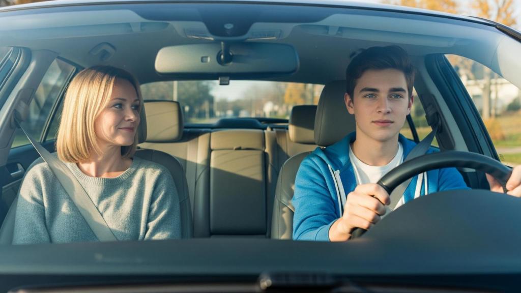 Joven conduciendo con un adulto a su lado en una imagen creada con IA.