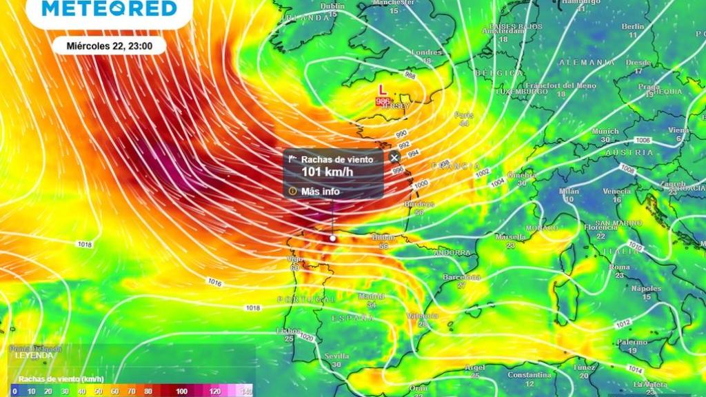 Los vientos que acompañan a la borrasca Benjamín. Meteored.