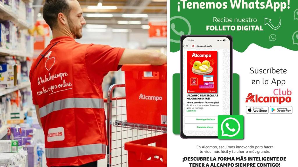 Un trabajador de Alcampo y, a la derecha, el nuevo canal de WhatsApp de la empresa.