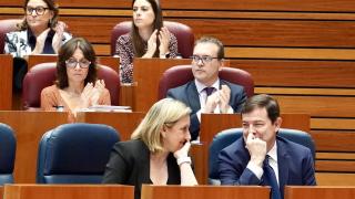 La vicepresidenta de la Junta de Castilla y León, Isabel Blanco, y el presidente, Alfonso Fernández Mañueco, se sonríen en el pleno de las Cortes de este miércoles