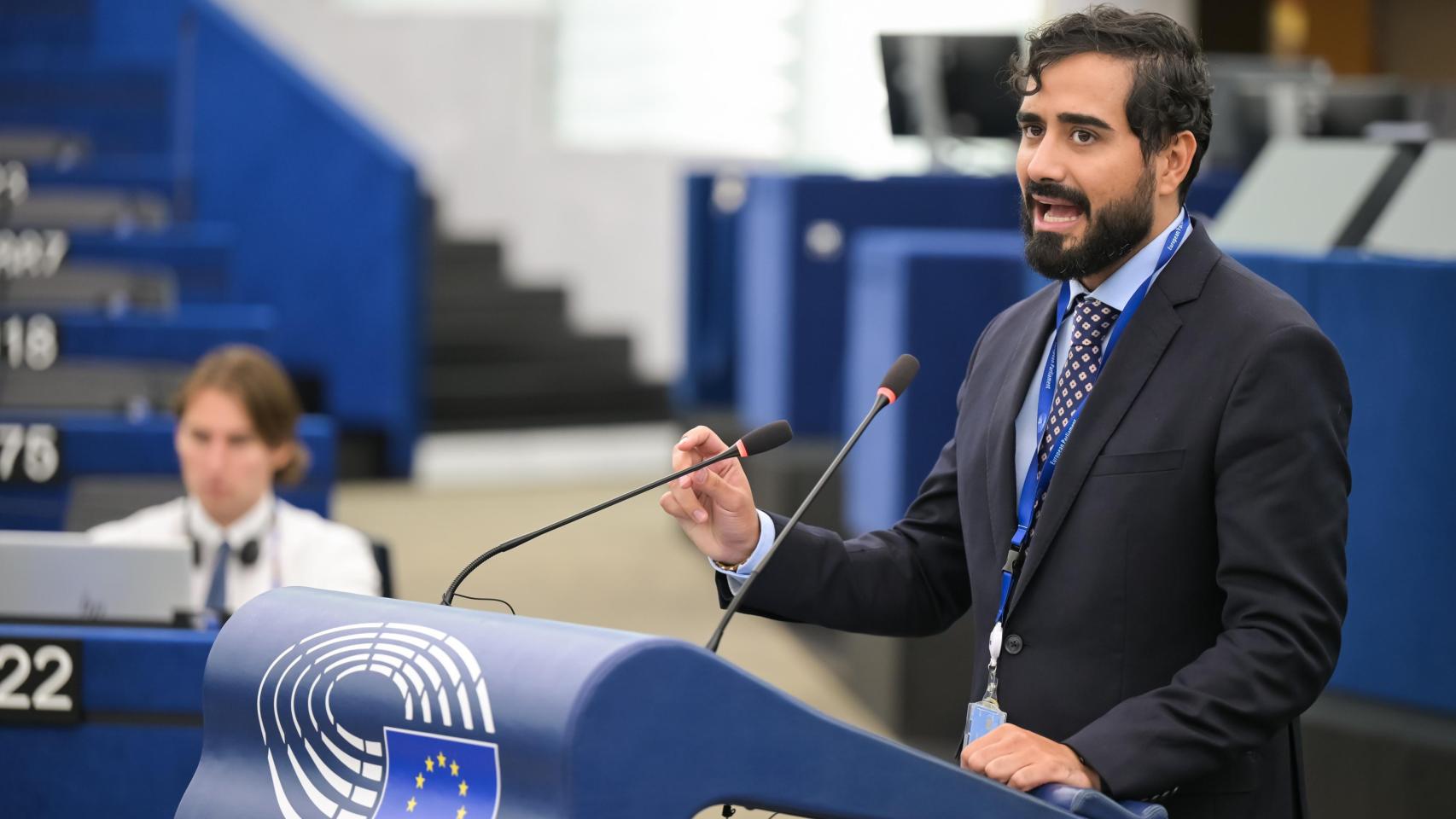 El eurodiputado Alvise Pérez, durante una de sus últimas intervenciones ante el pleno de la Eurocámara en Estrasburgo