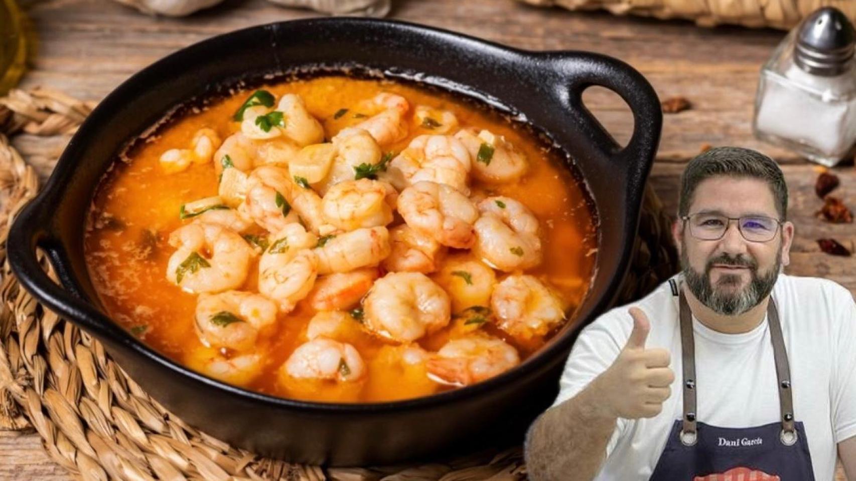 El chef Dani García junto a unas gambas al ajillo.