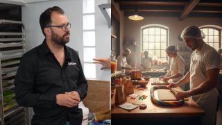 Imagen de Jesús, el empresario, y una imagen generada por IA de una fábrica de chucherías.