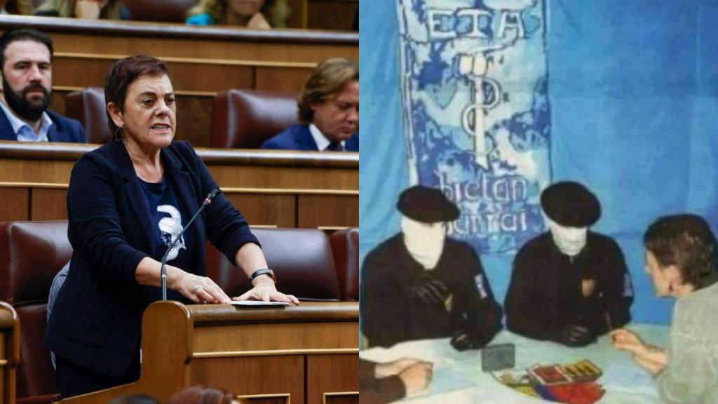Mertxe Aizpurua, ayer en el Congreso. A la derecha, cuando entrevistó a dos miembros de la cúpula de ETA, en 2001, como directora de 'Gara'.