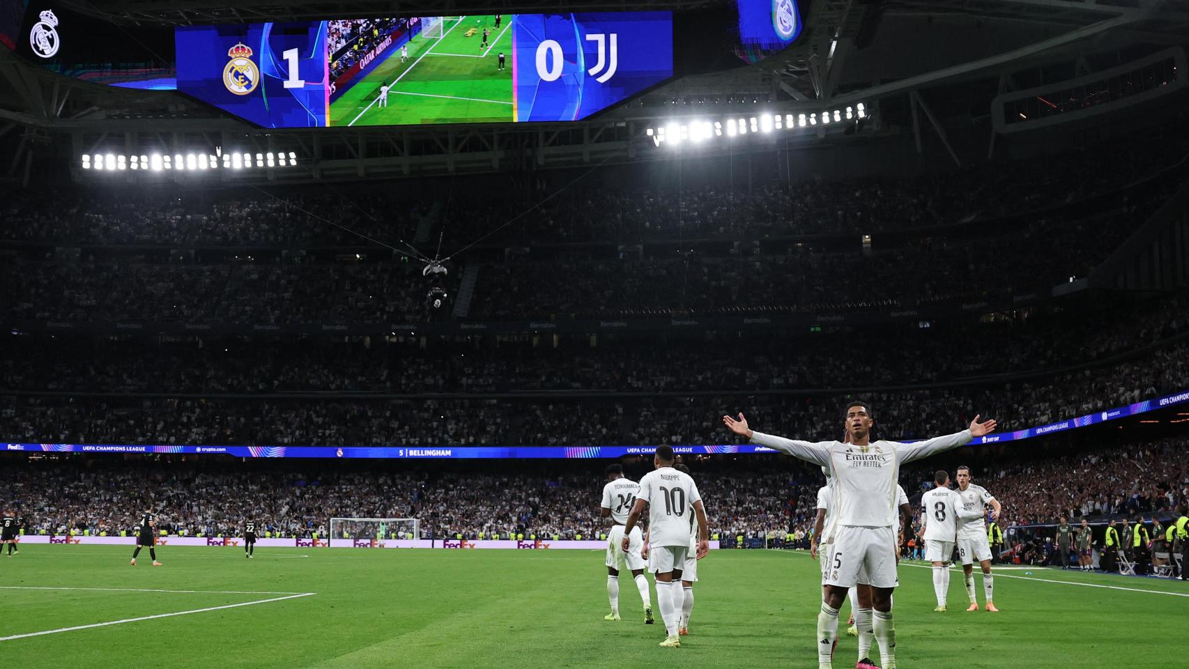 Jude Bellingham celebra el gol de la victoria del Real Madrid ante la Juventus