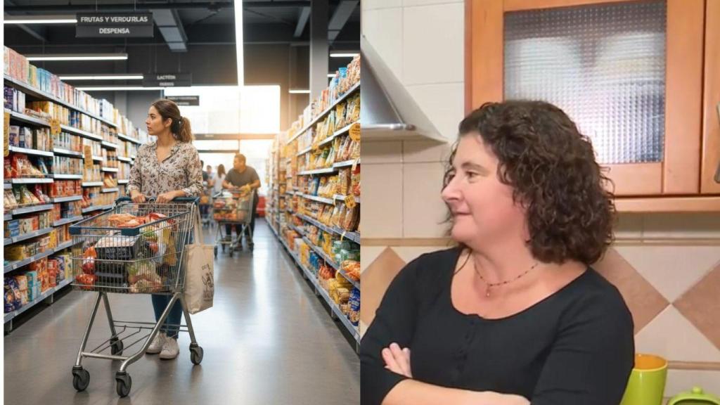 Fotomontaje de Almudena y una mujer haciendo la compra en el supermercado.