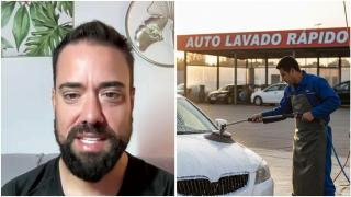 Óscar Martín, autónomo, y un trabajador lavando un vehículo.