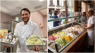 Luis, copropietario de Gelati Dini y una imagen de una heladería.