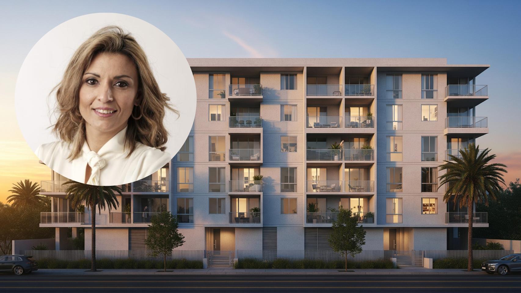 Montaje de Lorena A. Zenklussen con un bloque de viviendas en una imagen creada con IA.