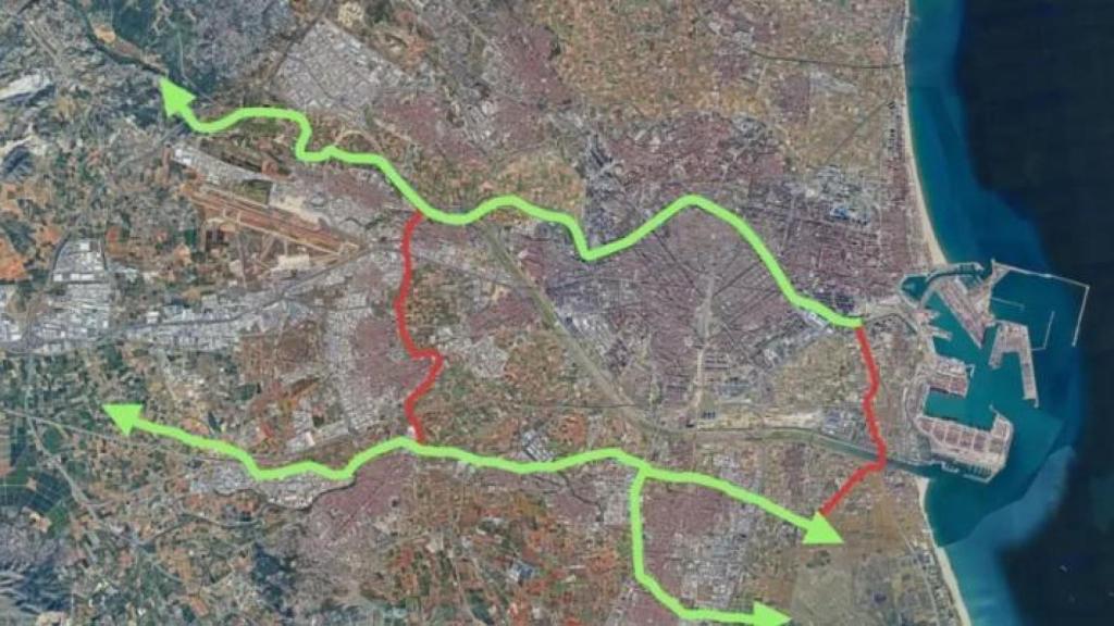 Los dos trazados del parque inundable en el río Turia y la cuenca del Poyo proyectado por la Generalitat. EE