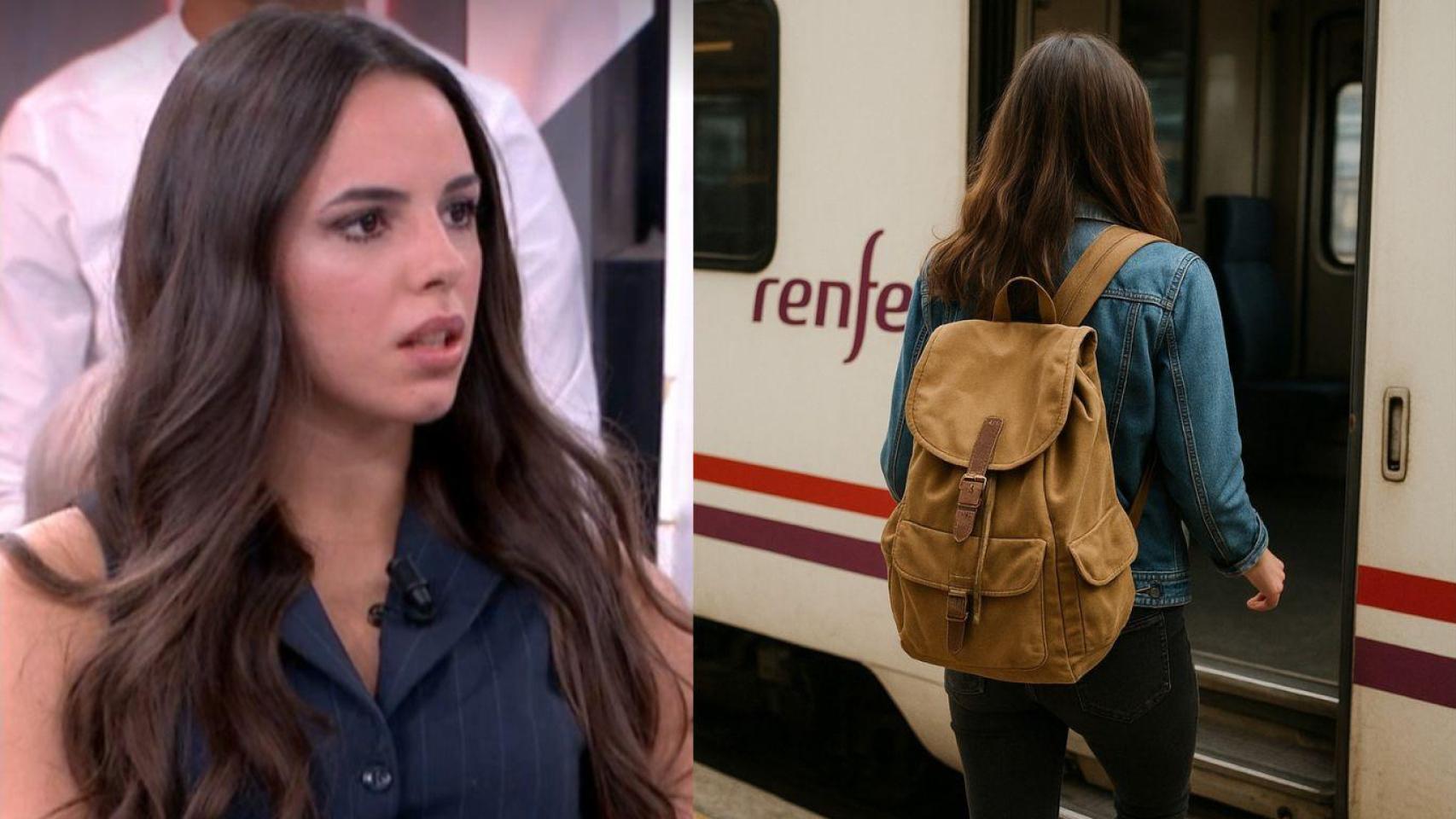 Montaje con Carla Pamies, joven estudiante, y mujer joven subiendo a un Renfe, imagen generada por IA