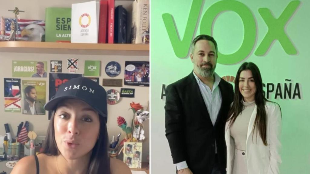 A la izquierda, Josling Montilva con un ejemplar de 'Mi lucha' en su estantería; a la derecha, posa con Santiago Abascal en un acto de Vox.