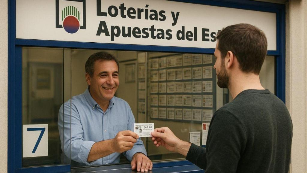 Un lotero vendiendo un boleto de lotería a un cliente. Imagen generada por IA.