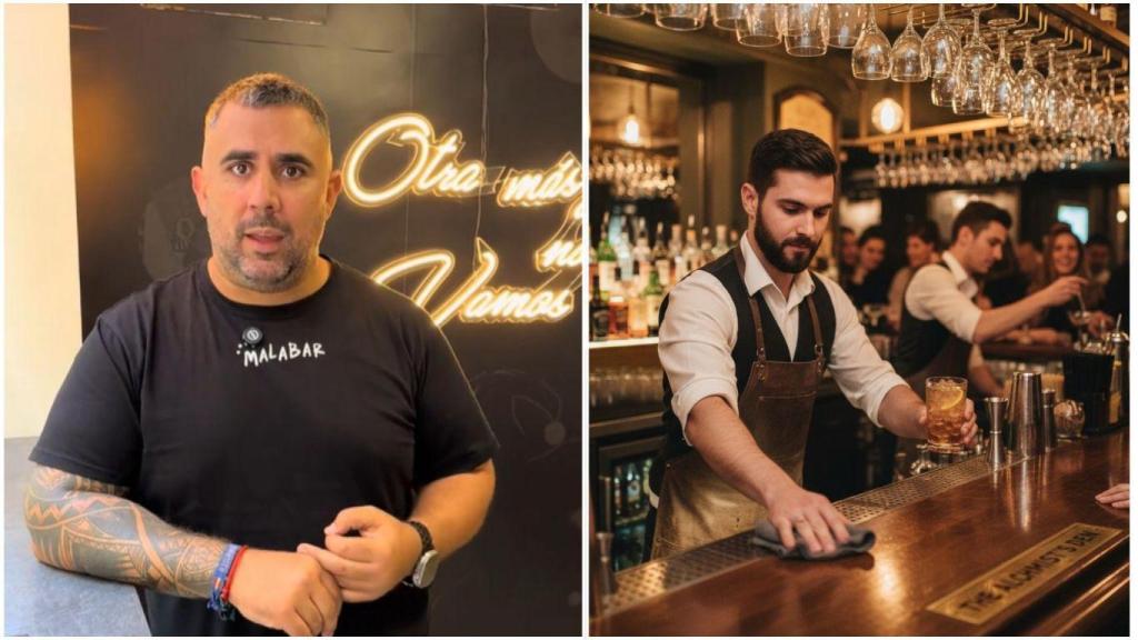 Fotomontaje de Agus, hostelero, y un camarero limpiando la barra de un bar.